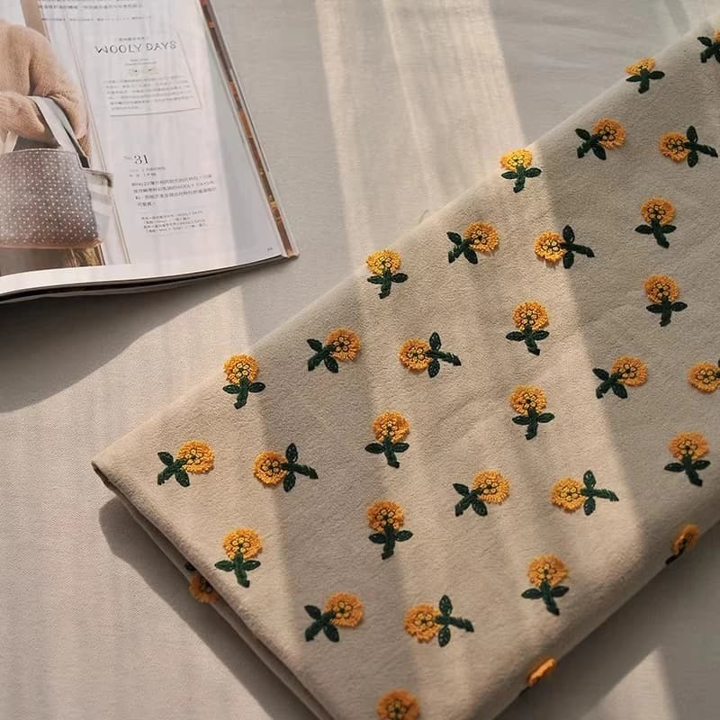 Cotton Daisy Embroidered Soft Breathable Curtains Fabric Handmade Sewing DIY Pillow Sofa Table Floral Home Decor Crafts Material