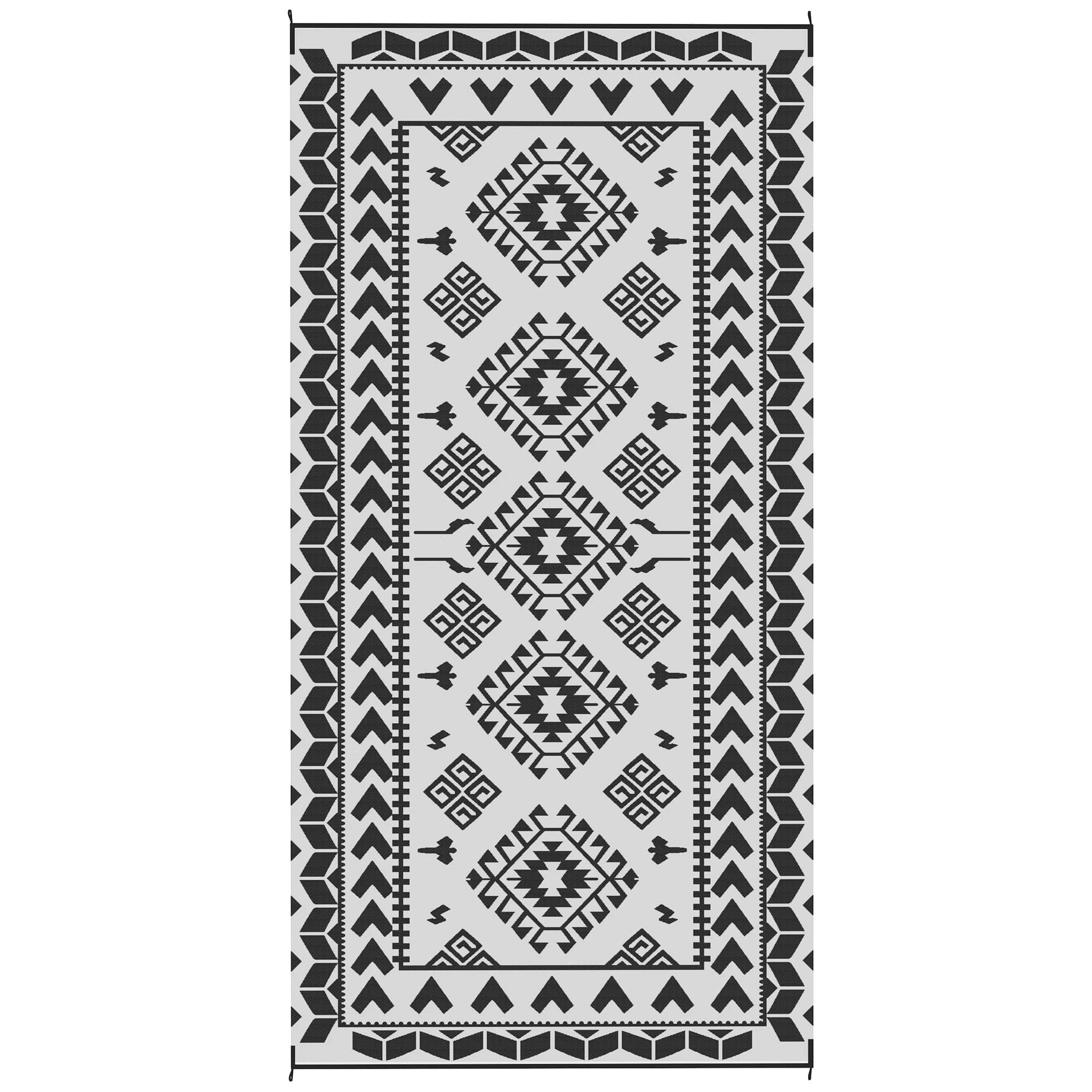 Tappeto reversibile da esterno, in paglia plastica impermeabile con borsa per il trasporto, 9' x 18', patchwork a rombi bianco e nero