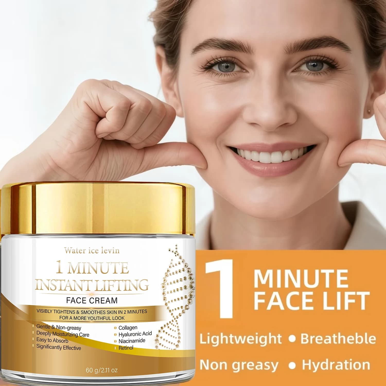 Crema Lifting in 1 Minuto. Rassoda e leviga in 2 minuti. Collagene Acido Ialuronico Niacinamide Retinolo. Idratazione Profonda Non Unta. 60g.