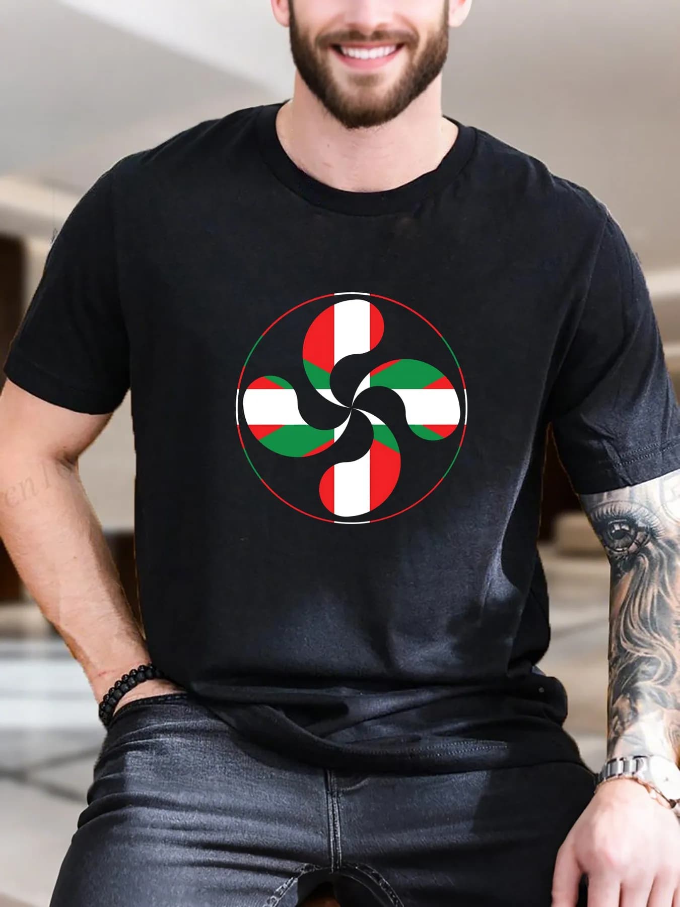 T-shirt da uomo in cotone 100% con stampa di frecce incrociate - T-shirt estiva traspirante alla moda, top casual confortevole con design direzionale unico