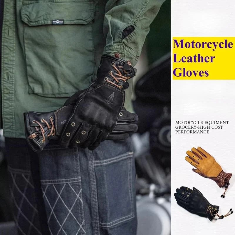 Unisex Retro Locomotive Cowhide Motorcycle Gloves Autumn Winter Windproof Anti-Drop Shockproof Warm Rider Motorbike Riding Prote