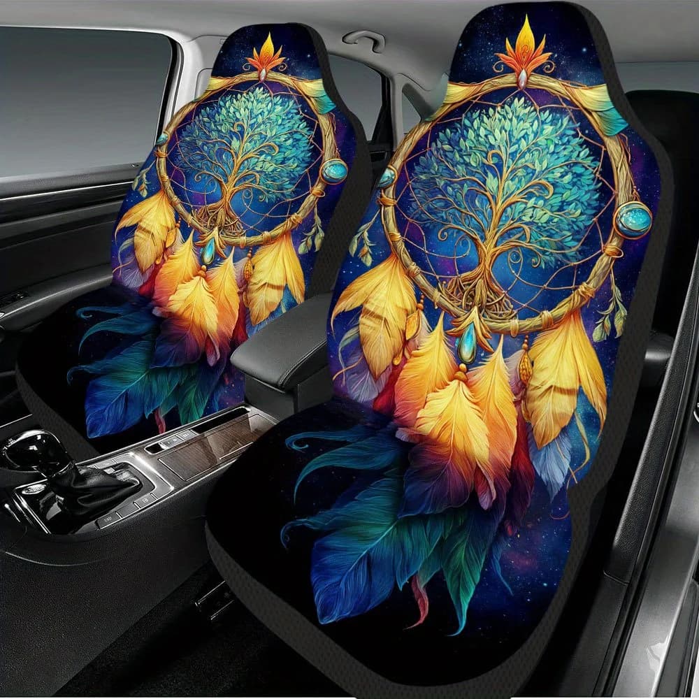 2pcs Dreamcatcher With Tree And Feathers Themed Car Seat Cover Set – Universal Fit For 2 Front Seats, Durable, High-Quality, Fas