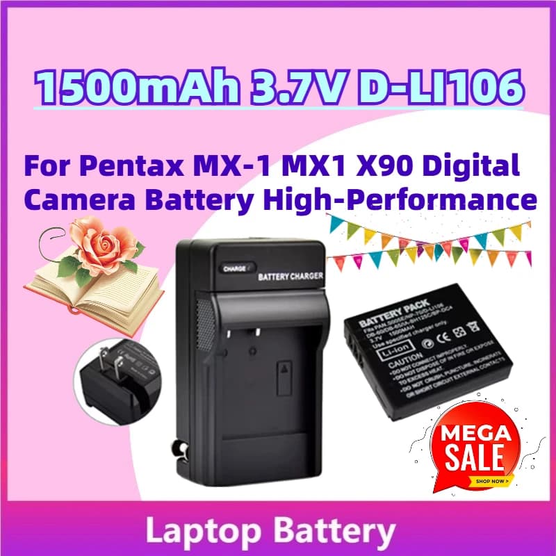 New 1500 mAh 3.7 V D-LI106 rechargeable battery for Pentax MX-1 MX1 X90 digital camera with high performance + charger