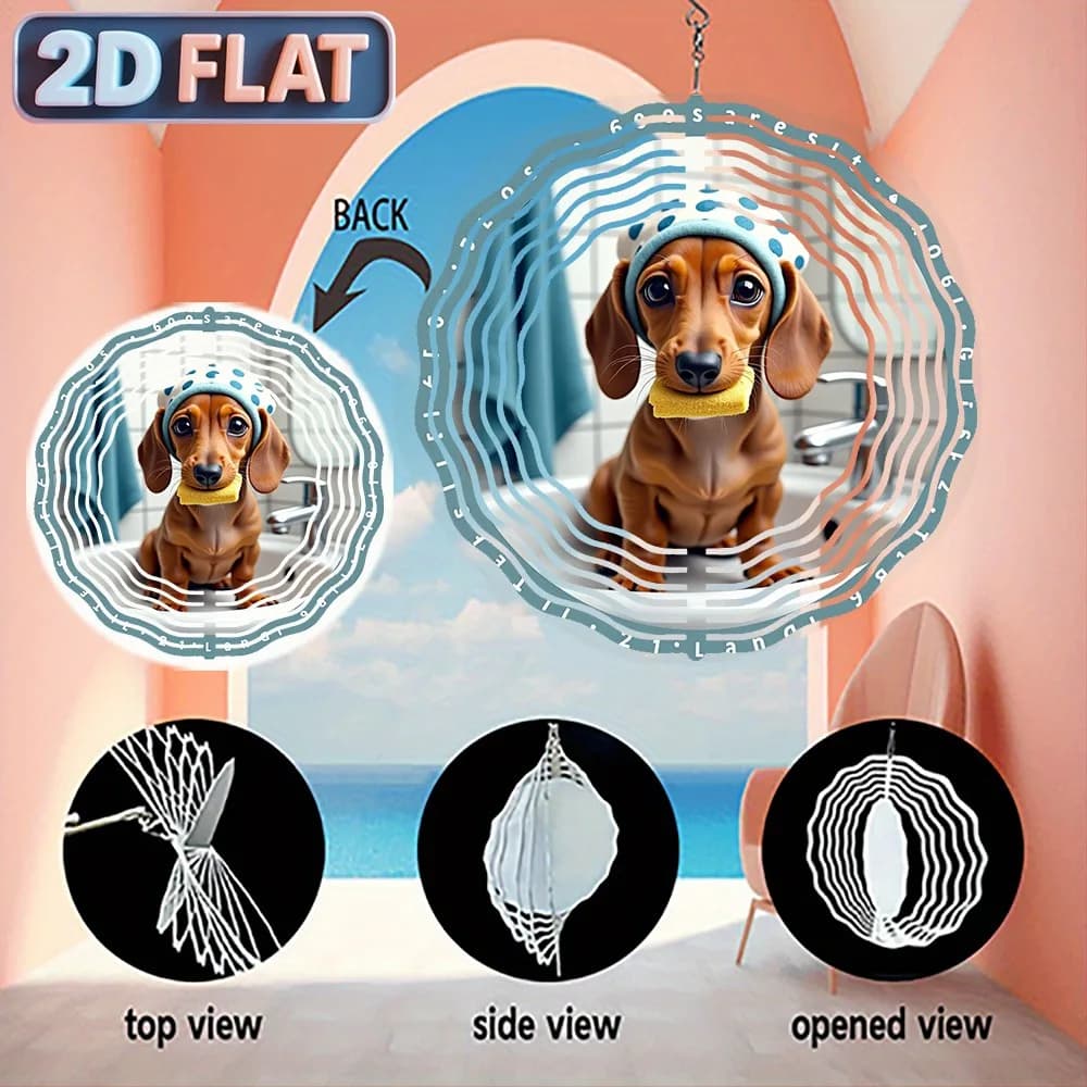 3D Rotating Metal Dachshund Wind Chime, Sun Catcher Sound Ornament for Outdoor Garden Patio Hanging Decor, Unique Dog Lover Gift