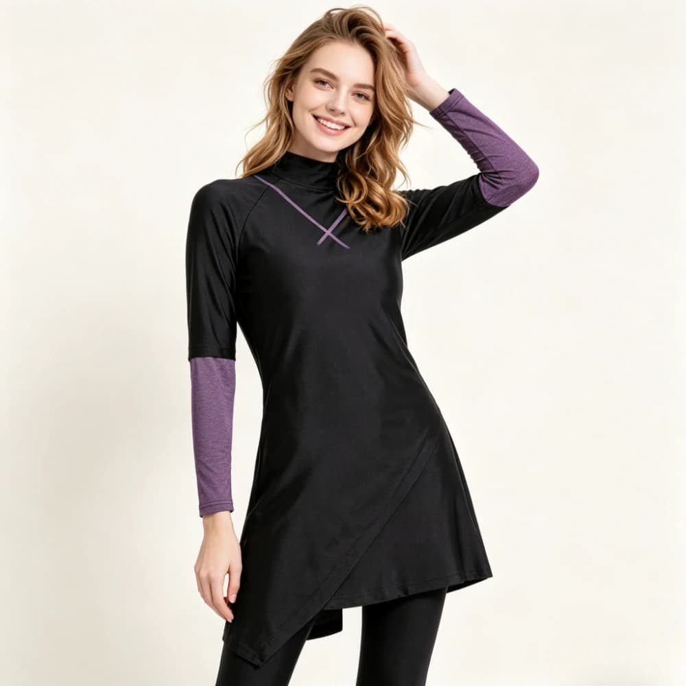 New Women 3 Colors Contrast Sleeve Cross Detail Burkini Asymmetrical Hem Swim Cap Quick Dry UV Protection Muslim Modest Swimwear