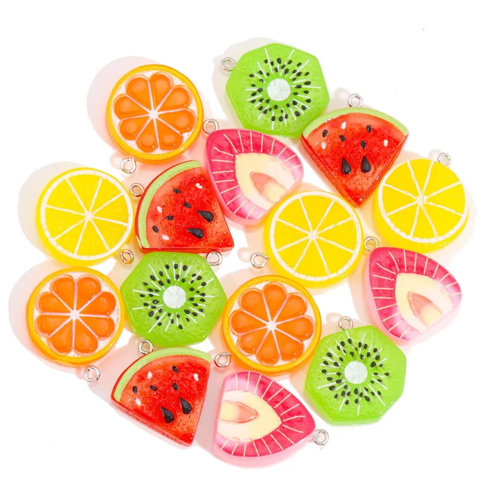 Set di 10 Ciondoli in Resina a Forma di Frutta Peixin: Arancia, Limone, Kiwi, Anguria per Creazione di Gioielli Fai-da-Te, Bracciali, Collane e Pendenti - Vendita all'Ingrosso