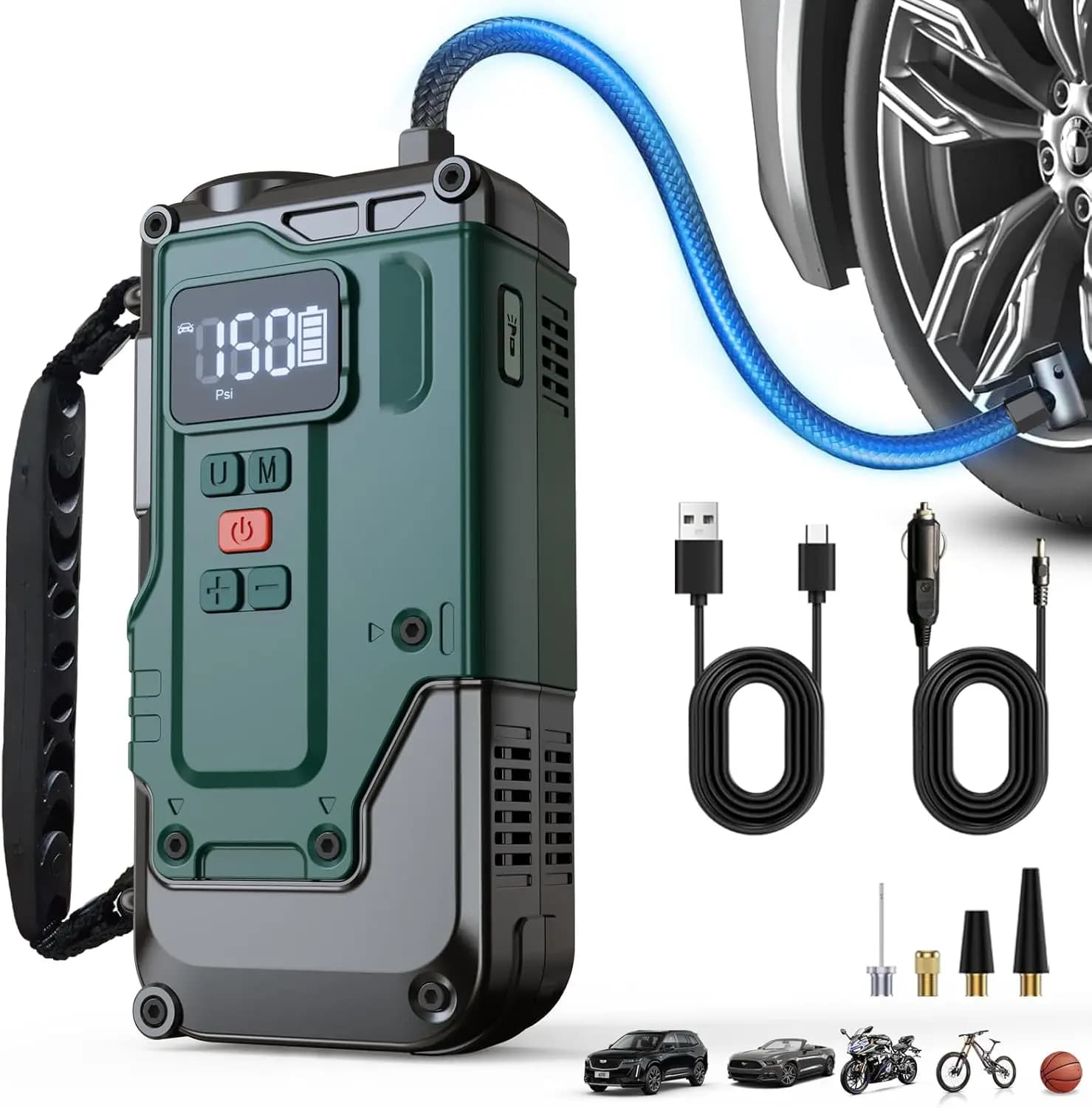 Portable Air Compressor: 8000mAh and double power 12V, fast inflating up to 150 PSI for cars, bicycles, balloons with gauge and light