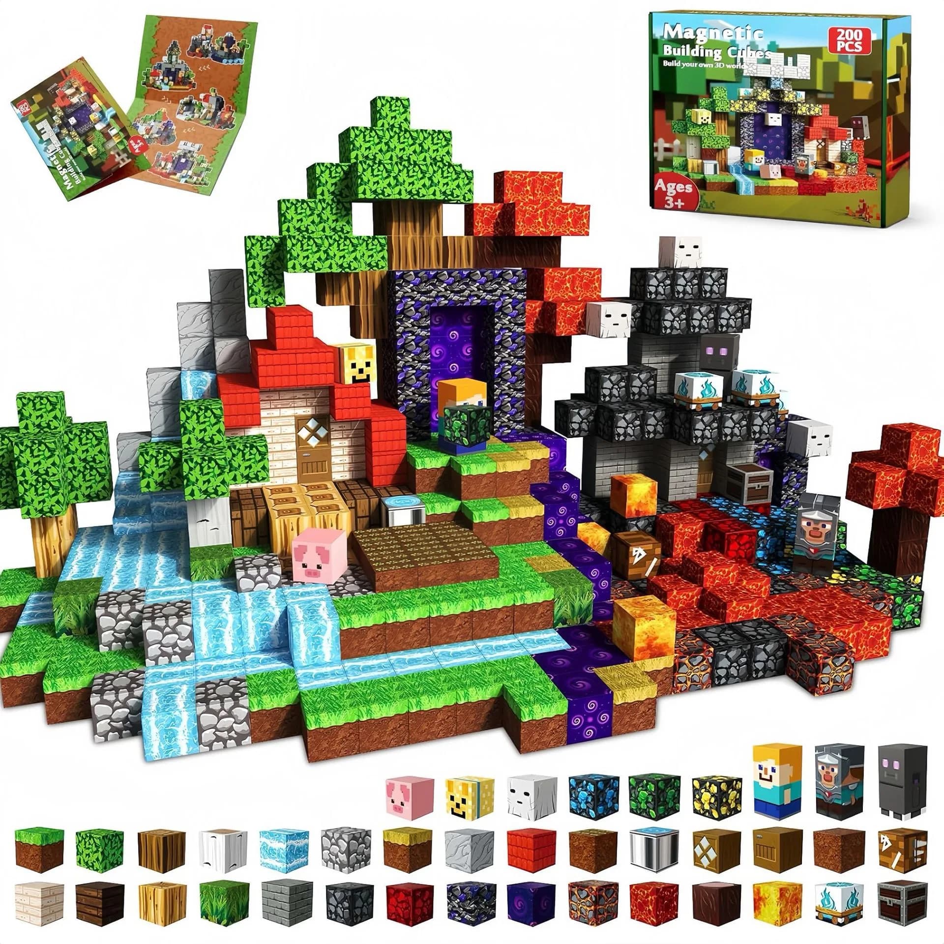 Set di 60-300 Pezzi di Piastrelle Magnetiche, Mattoncini My World, Giocattoli Educativi STEM per Bambini da 3 a 10 Anni, Regali per Ragazzi e Ragazze