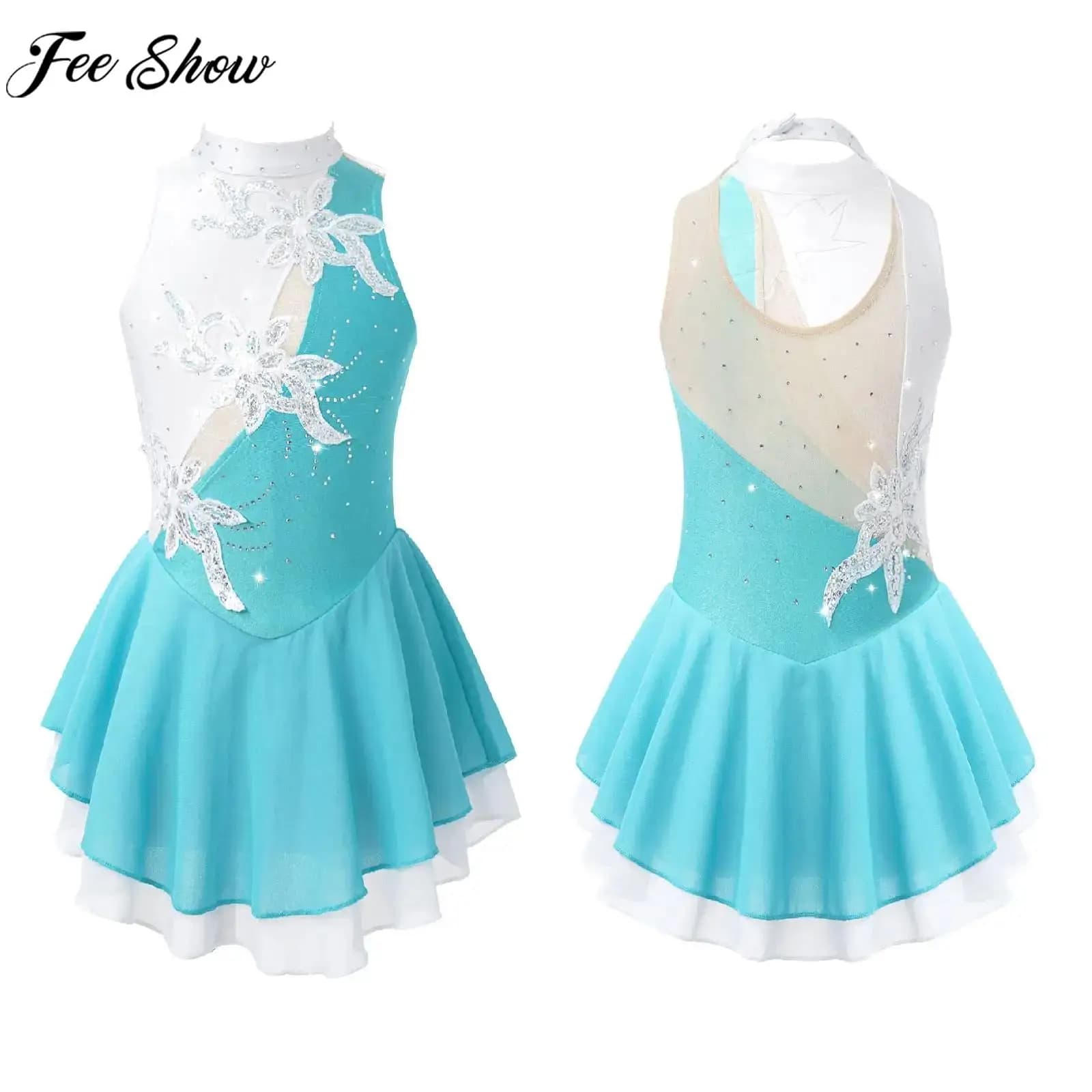 Ragazze adolescenti pattinaggio di figura vestito danza classica ginnastica Performance sul palco Dancewear senza maniche paillettes Sheer Mesh body Tutu
