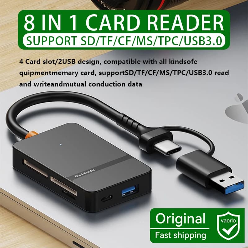 Lettore di schede USB 8 in 1 3.0, lettore di schede SD, Micro SD, TF, CF, MS, U Disk, adattatore per schede Compact Flash per laptop, lettore di smart card