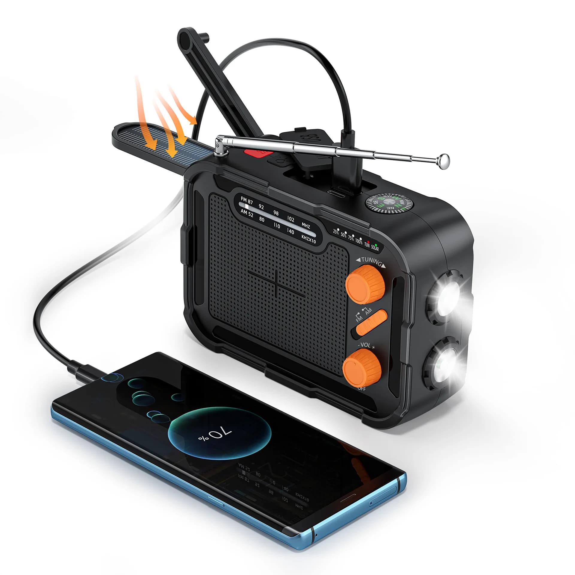 Power Bank Solare a Manovella 5000mAh con Radio FM e Torcia, Powerbank di Emergenza per Esterni per iPhone 17 16 Samsung S24