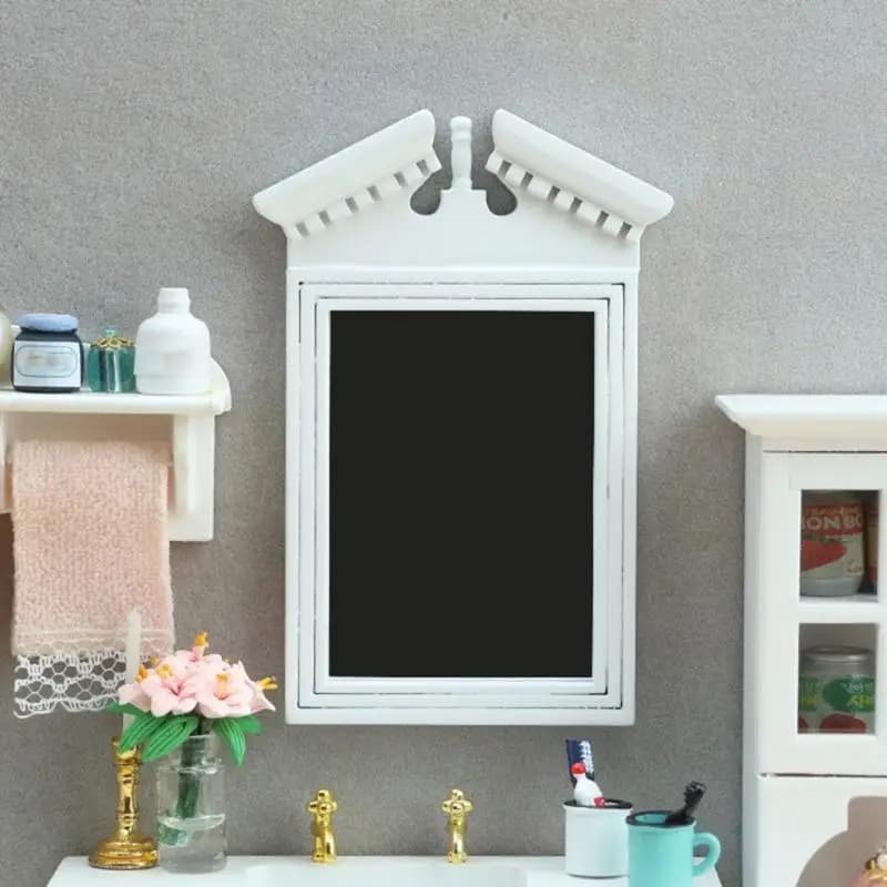 Figurina modello specchio in legno bianco in miniatura in 1:12 per decorazione del bagno della casa delle bambole e