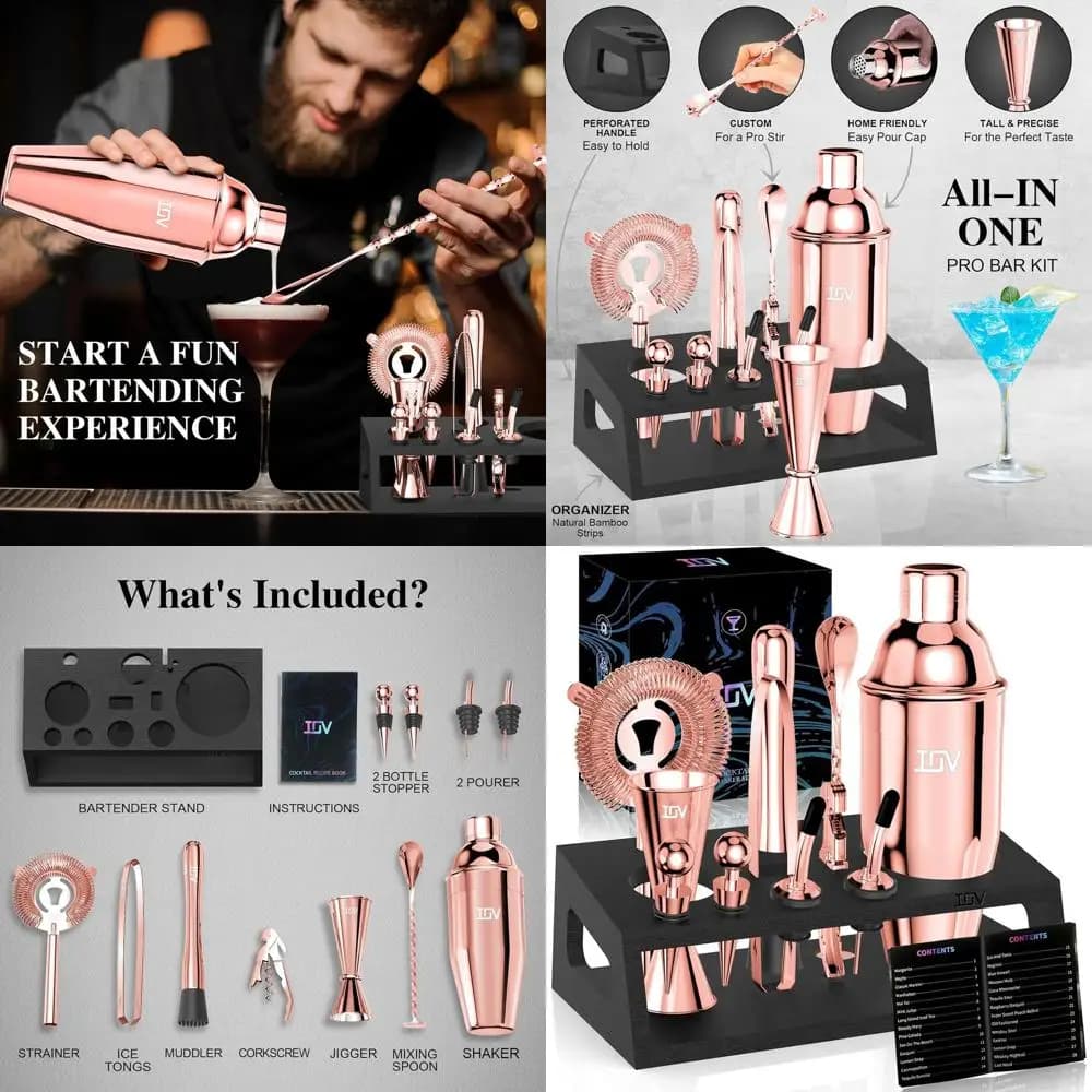 Set da Barman in Oro Rosa 12 Pezzi con Supporto | Shaker per Martini da 24 once | Set Completo di Strumenti da Bar e Libretto di Ricette | Casa Perfetta