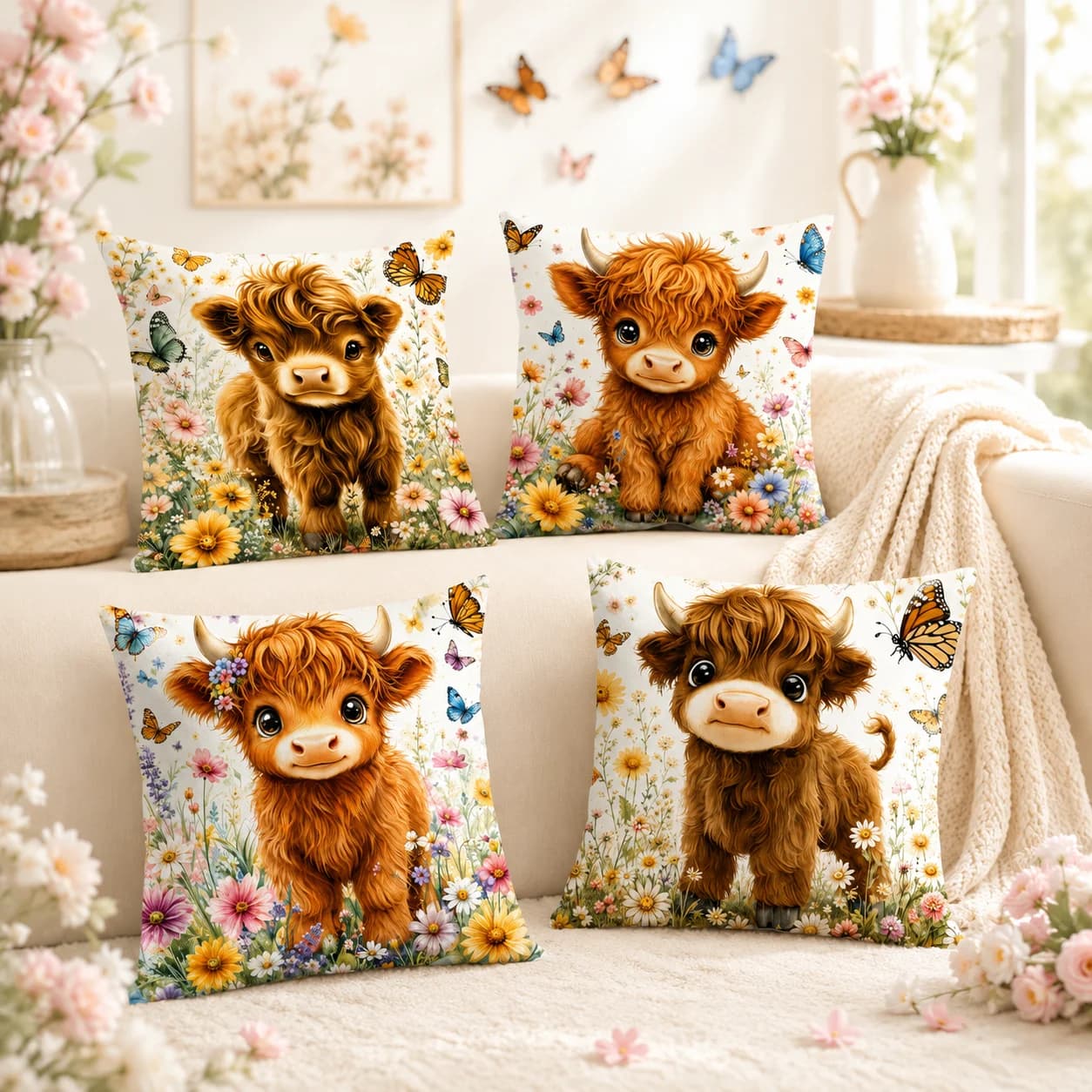 Highland Cow Floral1 Cushion Cover Silky Short Plush With Invisible Zipper Dustproof Sofa Pillow Cover For Home Decor
