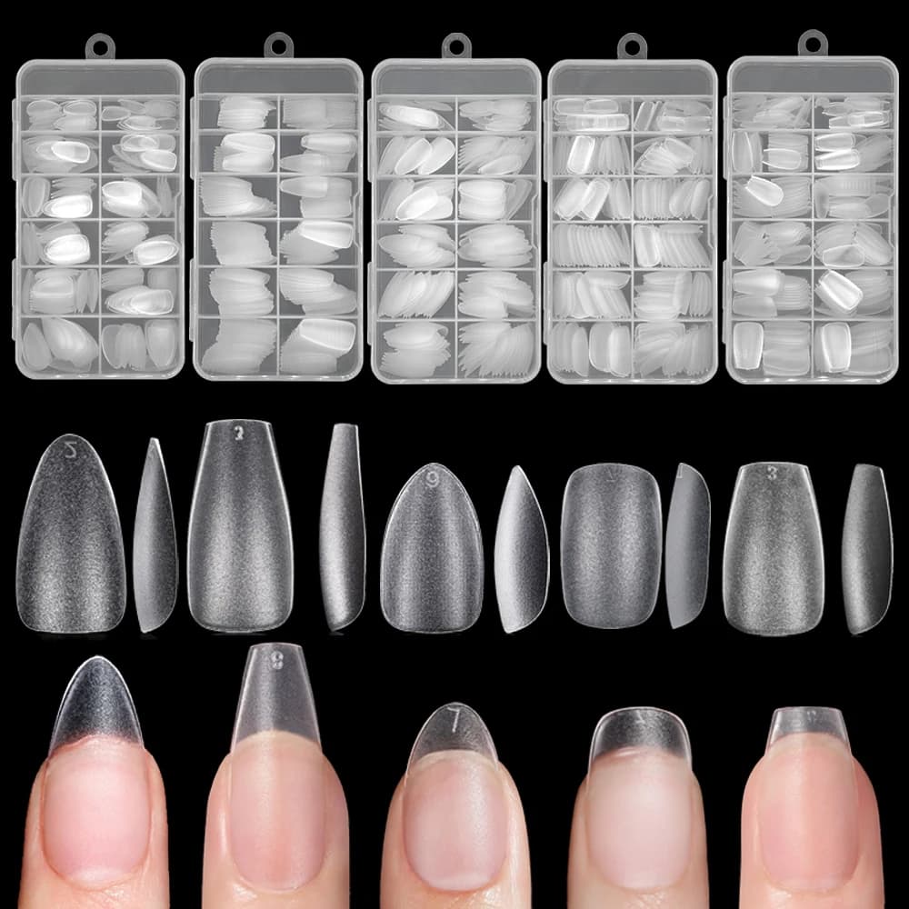 240pcs Transparent Almond Coffin Nail Tips Medium Short Length Full Matte Pure Color Soft Gel ABS False Nails Full Cover