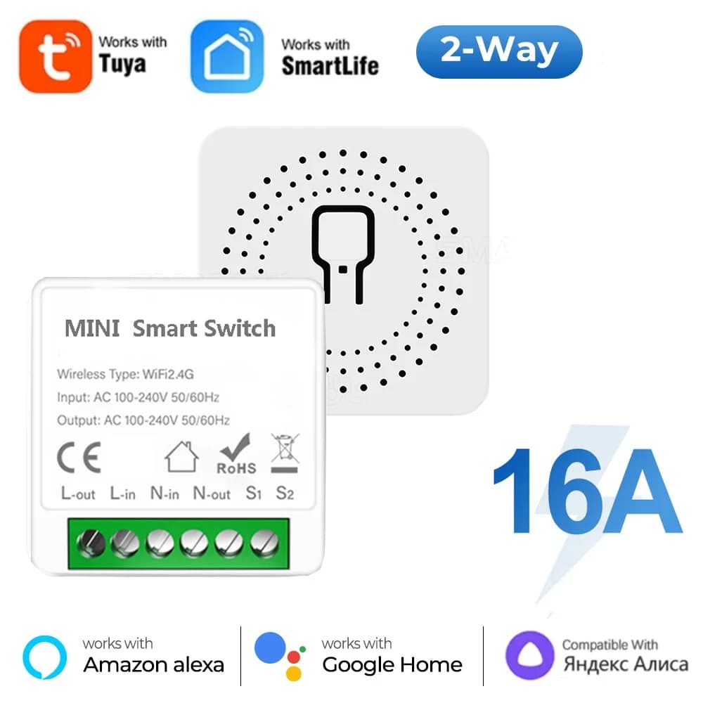 16A Smart WiFi Tuya Mini Switch, Smart Home Light Switch Module with 2 Vie Control, Compatible with Tuya Smart Life, Alexa and Google Home