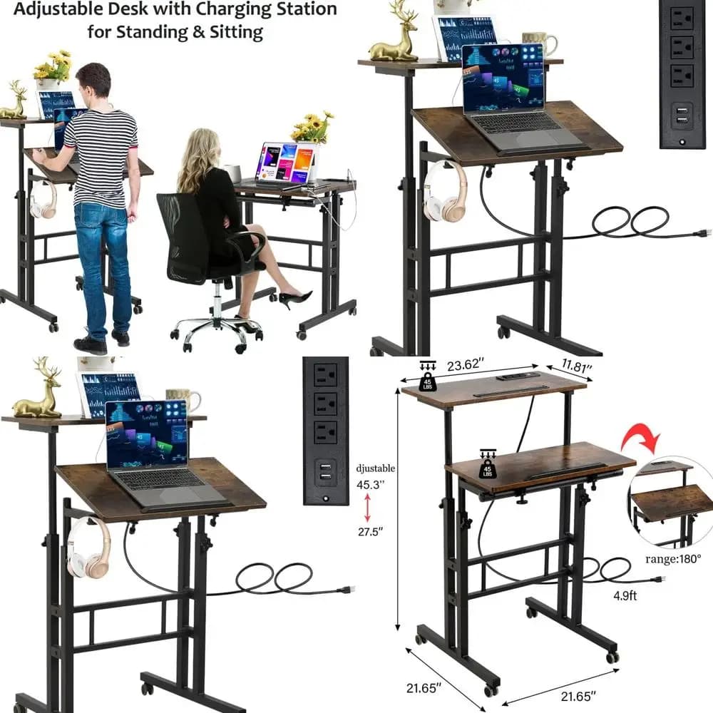 Scrivania mobile in piedi con ruote, scrivania con rotelle regolabile in altezza, tavolo portatile per laptop con stazione di ricarica, Sit Stand up per