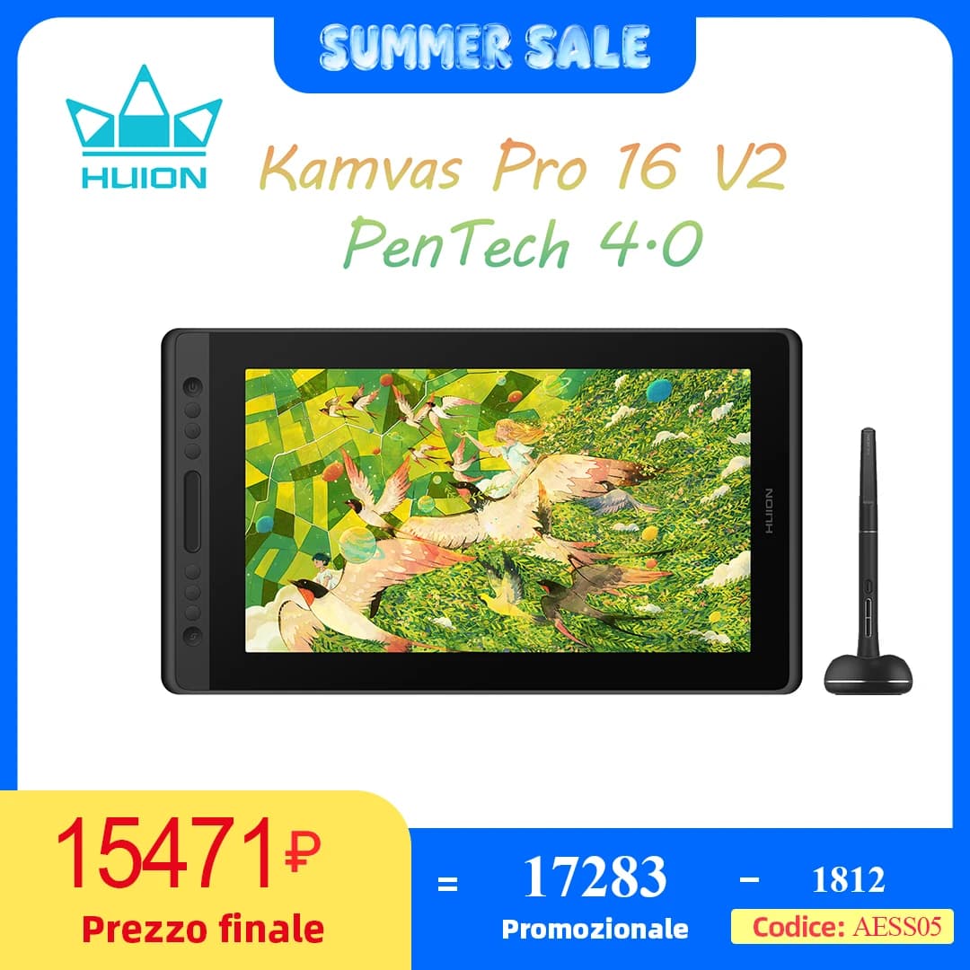 HUION Kamvas Pro 16 V2 Tavoletta Grafica con Schermo, 16K Livelli, Penna Senza Batteria PenTech 4.0, Vetro Canvas 2.0, 99% sRGB