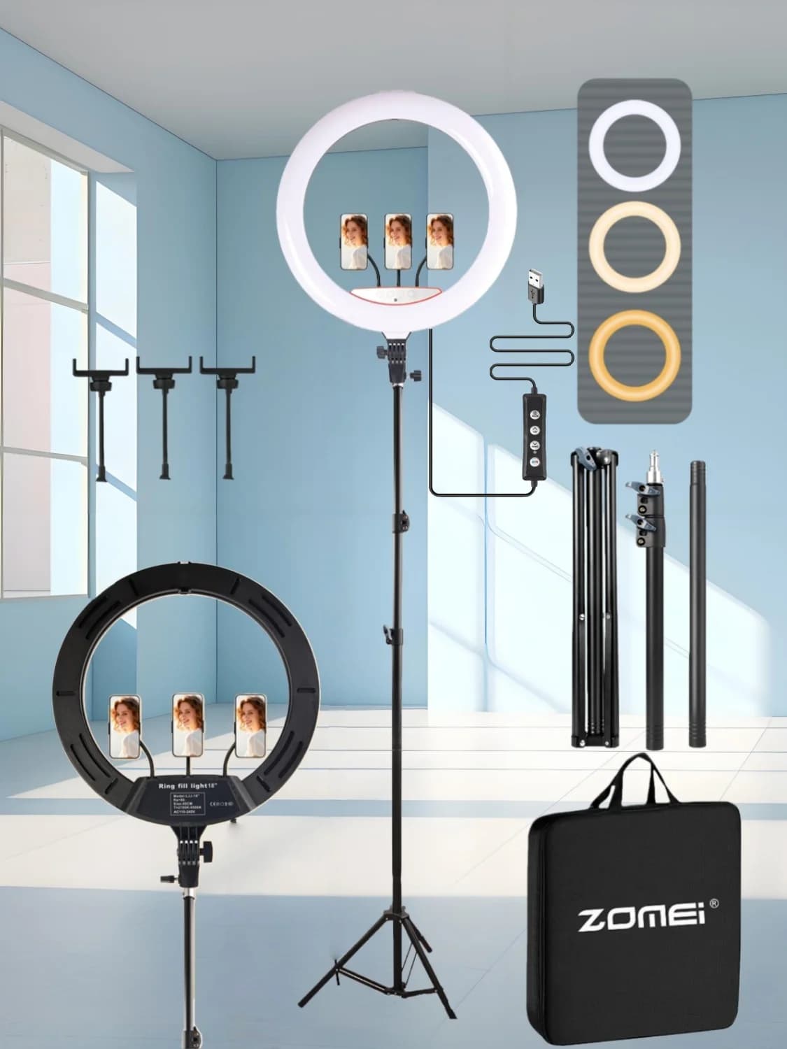 Extra Large 18" Ring Light with 1.86m Tripod and Storage Bag - Includes 3 Multi-Angle Phone Mounts, Adjustable Brightness & 3 Color Temperatures, Ideal for Content Creation/Video Calls/Product Photography