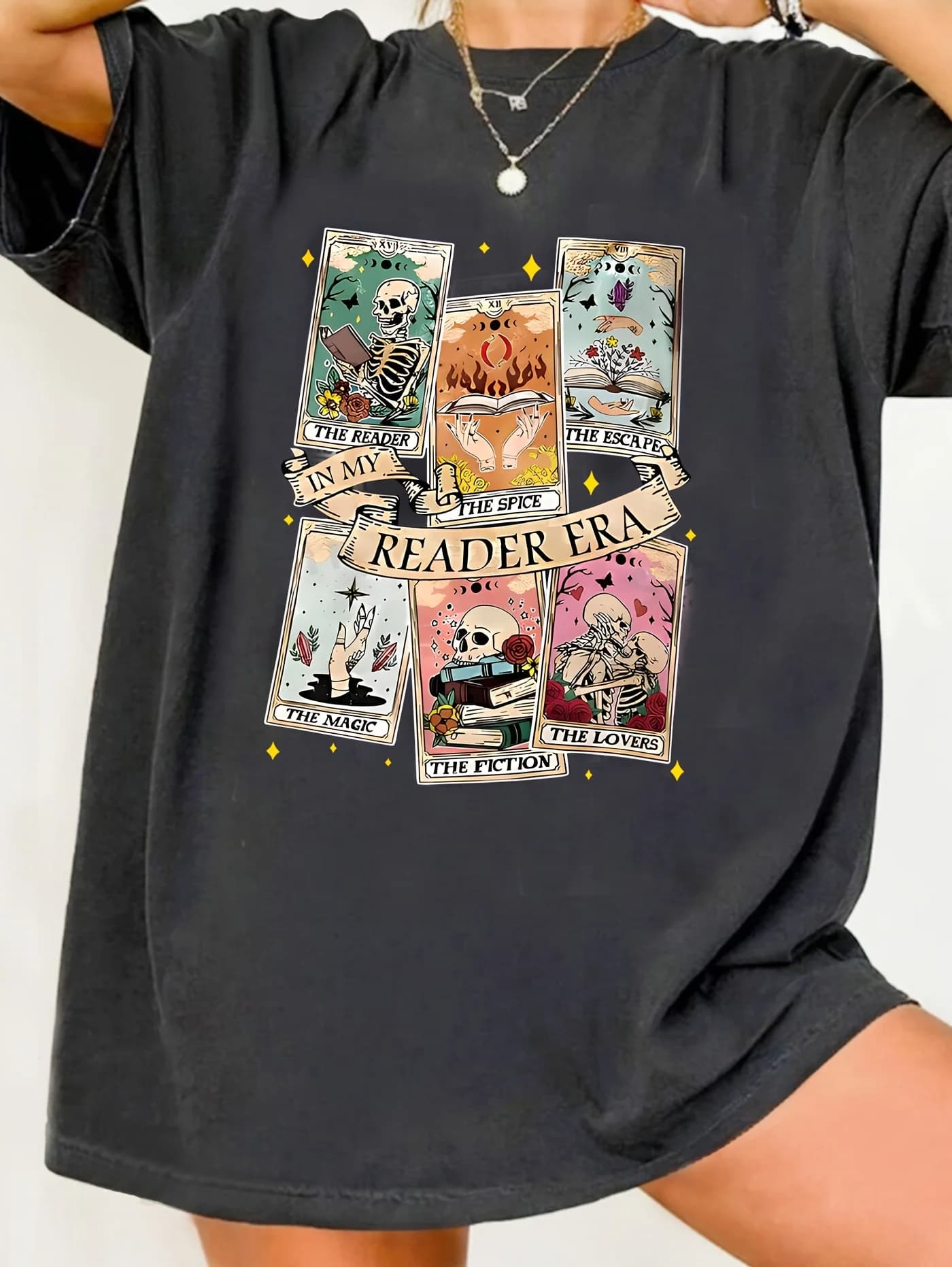 Tarot Card Printed T-shirt - Women's Casual Round Neck Short Sleeve Geometric Pattern Summer Collection