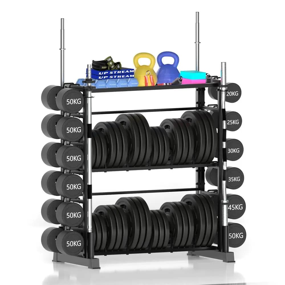 Rack Porta Pesi per Palestra Domestica, Supporto per Pesi Peloton fino a 1200 kg, Grande Rack a 3 Livelli per Kettlebell e Bilancieri, Attrezzatura per Allenamento di Forza