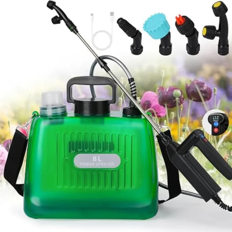 Spruzzatore a batteria da 2 galloni, spruzzatore elettrico con 4 ugelli nebulizzatori, impugnatura ricaricabile USB, asta telescopica da 32 pollici, per giardino