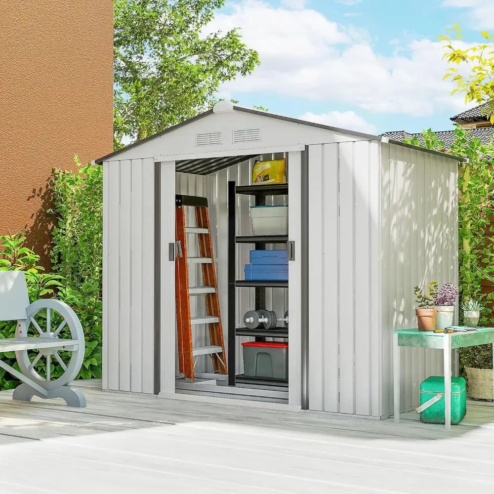 Metal garden case 7ft x 4ft with foundation kit, doors with lock, air sockets and roof for garden tools, white