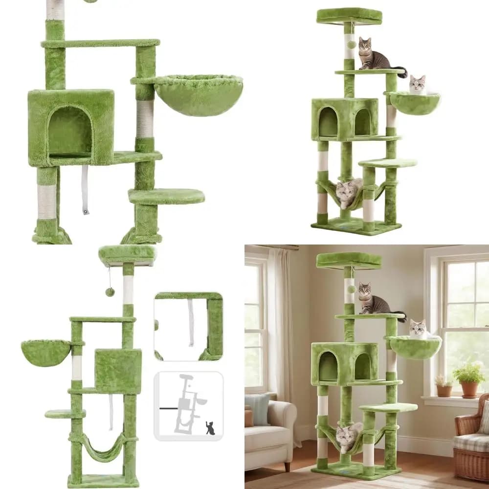 Albero per gatti verde da interno con grande amaca, torre multilivello, tiragraffi in sisal e pesce persico superiore MPJ050GR