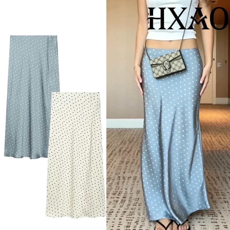 HXAO Polka Dot Women's Skirt Summer Satin Long Skirts For Women Office Black Beige Blue Skirt Commuter Elegant Female Skirt