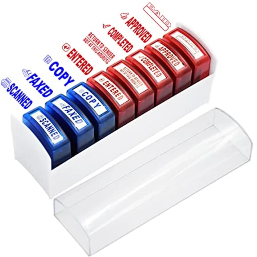 Self Inking Stamp Set for Approved Paid Completed Copy Faxed Scanned Stamps, Rubber Business Stamp 8 PCS with Plastic Tray Mess