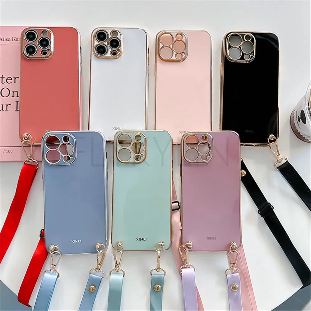 Custodia per placcatura di lusso con cordino a tracolla per Xiaomi Mi POCO X6 M6 X3 Pro NFC C65 14T 12T 13T Lite Redmi A3 13 13C 14C Cover in silicone