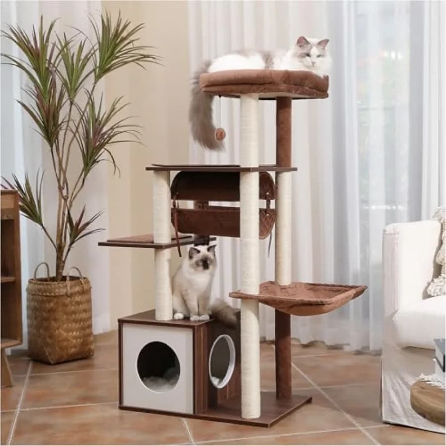 Albero per Gatti in Legno 52 Pollici per Gatti Grandi, Torre Moderna con Tiragraffi Completamente Rivestiti in Sisal, Arredamento di Lusso per Gatti con Ampio Spazio