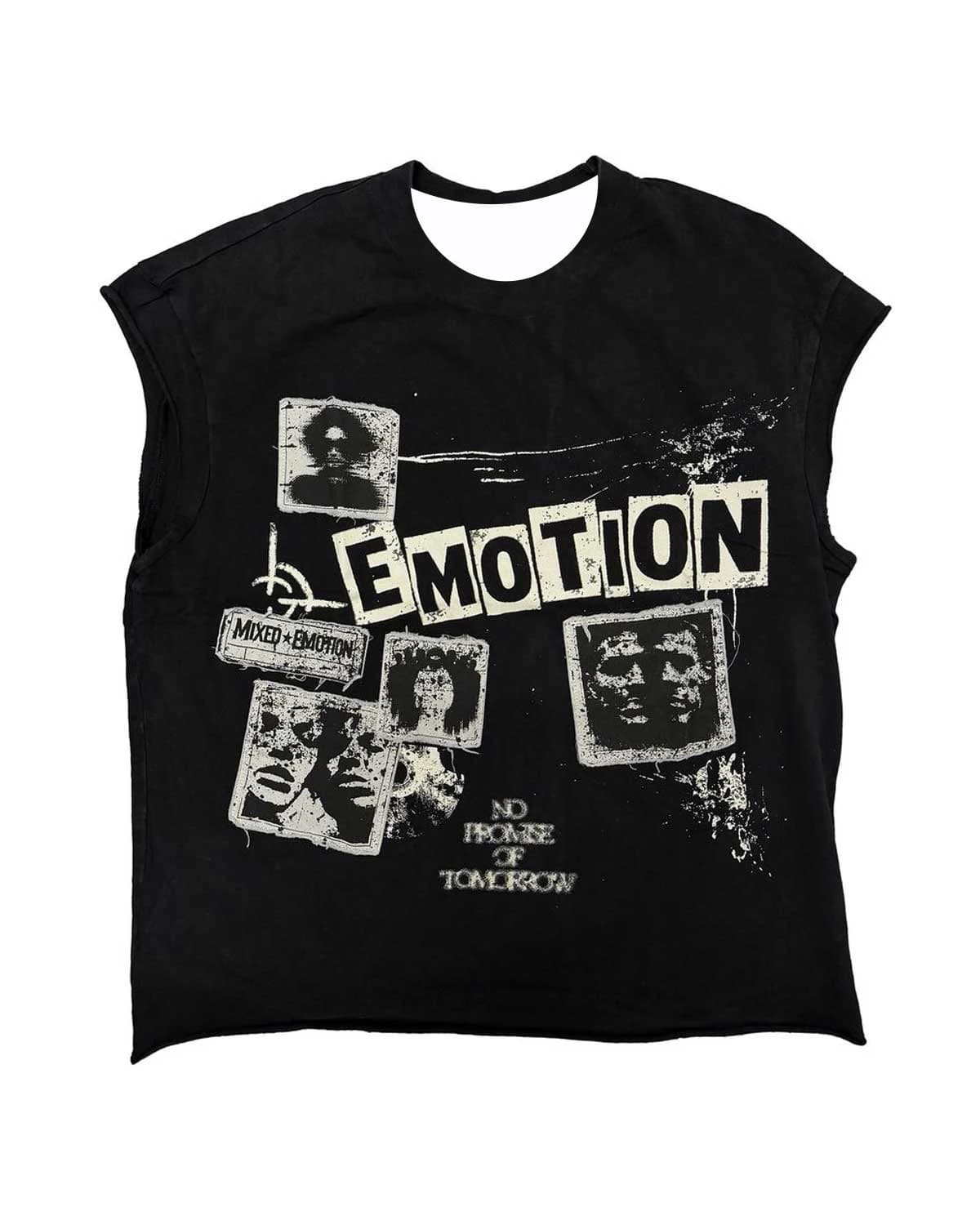 2026 New Mixed Emotions Black Sleeveless Tee Newspaper Print Unisex Short Sleeve Fashion T-Shirt for Casual Wear