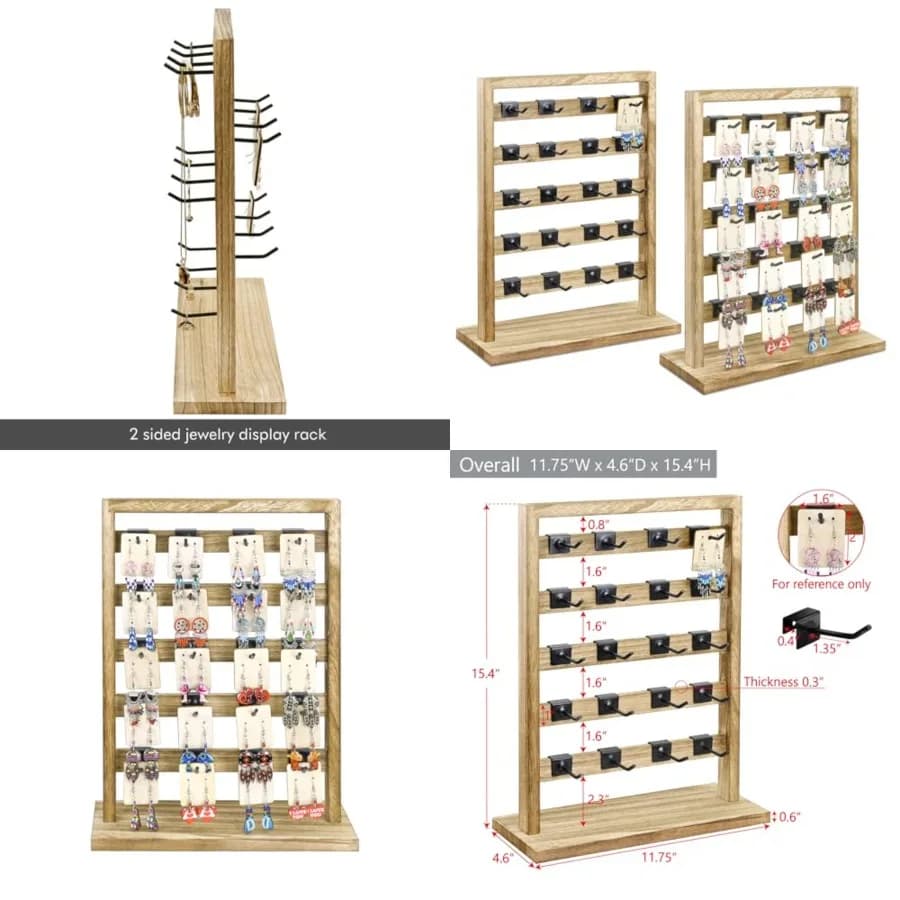 Set di 2 Espositori in Legno per Gioielli con 20 Ganci Metallici Rimovibili (20 per Pezzo), Supporto per Orecchini