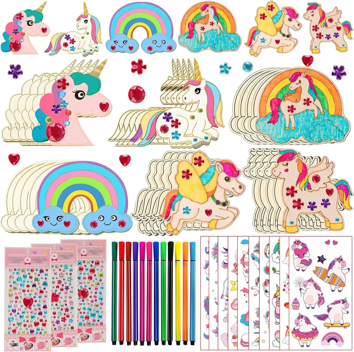 398Pcs Unicorn Wood Craft Set with 30Pcs Unicorn Wood, 354 Rhinestones, 12 Colored Pencils, 2 Stickers, Boys/Girls DIY Crafts