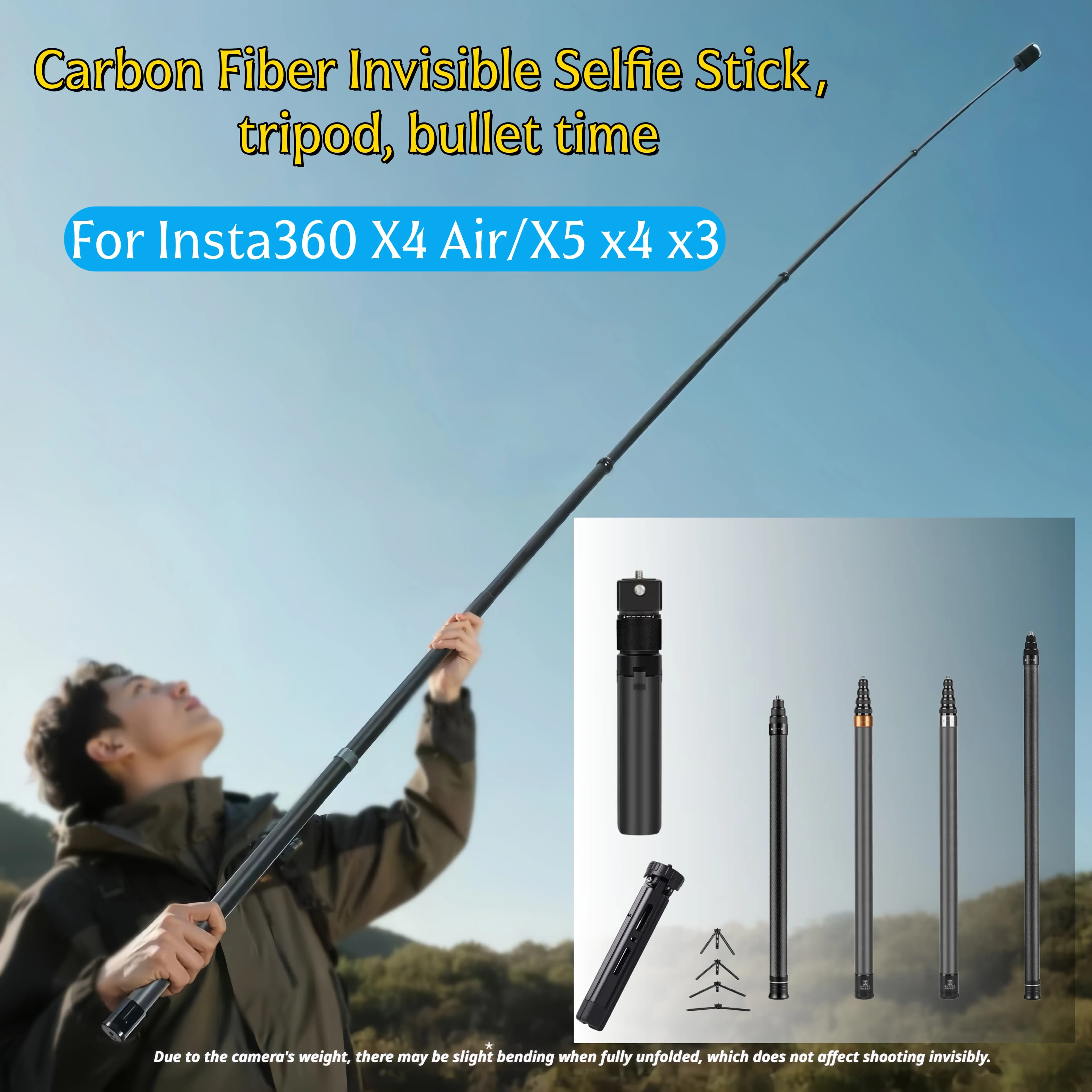 Bastone selfie invisibile in fibra di carbonio per Insta360 X4 Air/X5 x4 x3 1.5m 3m, con funzione Bullet Time, treppiede e impugnatura, accessorio per Insta360