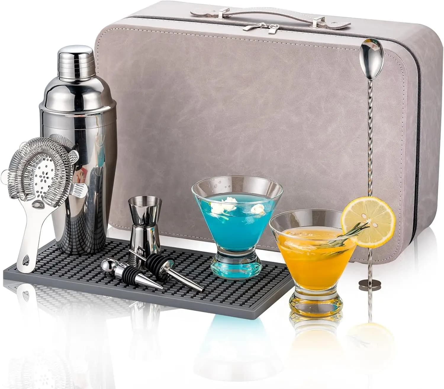 Kit da Viaggio per Martini con 2 Bicchieri, Set da Barman con Valigetta e Carte Ricette, Shaker per Cocktail per Casa o Feste all'Aperto