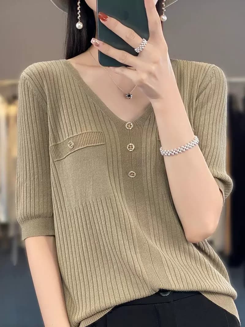 Lightweight Breathable Ice Silk Short Sleeve T-Shirt Women Loose Summer New Korean Version Button V-Neck Knitted Base Shirt T...