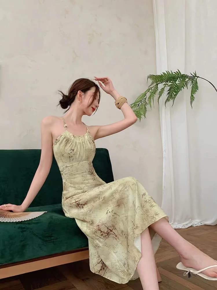 JWUNIQUE Women's Green Print Sleeveless Neck Hanging Dress Slimming Summer Vacation Dress Long Skirt Commute Simple Style