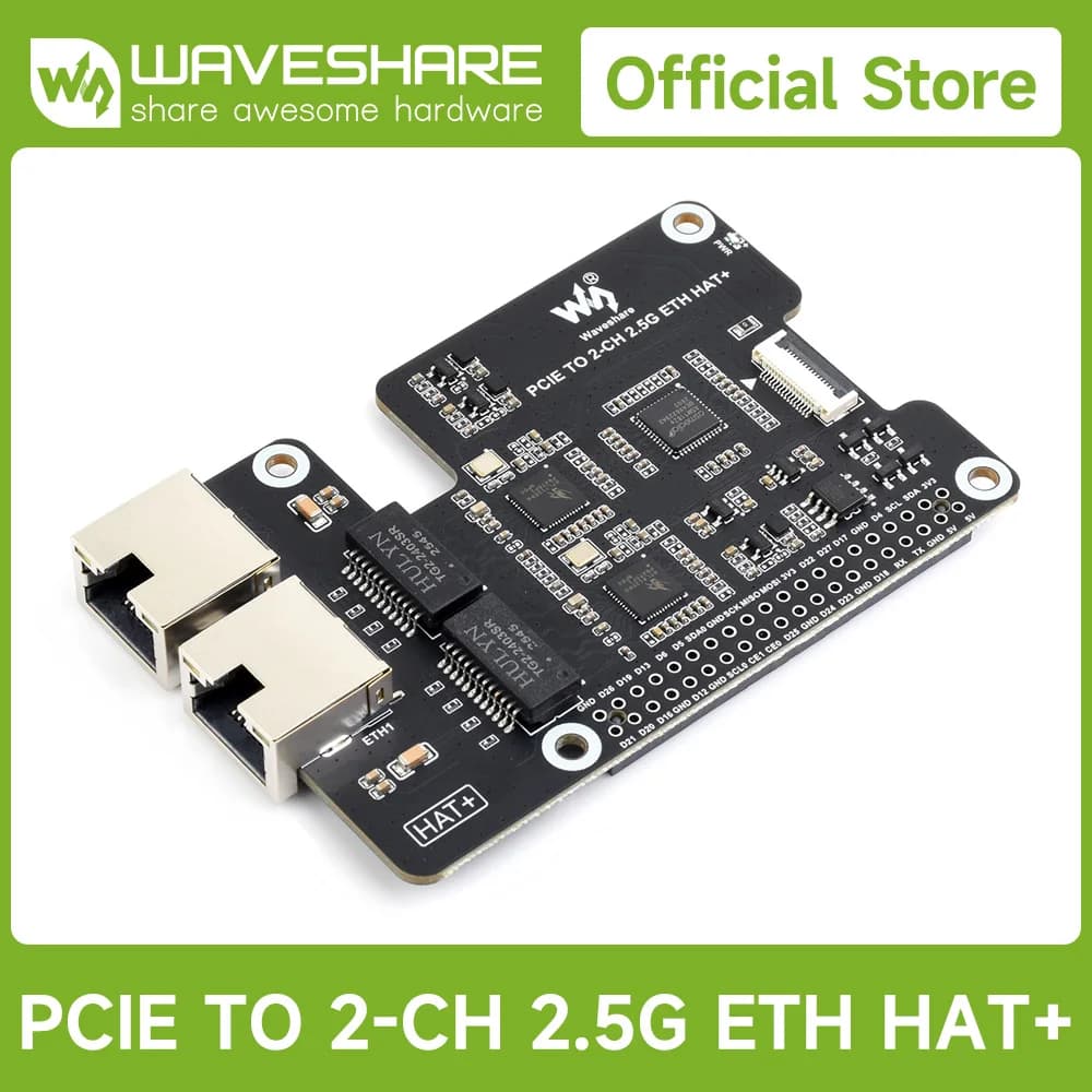 Waveshare PCIe TO 2-CH 2.5G ETH Adapter For Raspberry Pi 5, Supports Raspberry Pi OS / Ubuntu / OpenWrt, Dual RTL8125