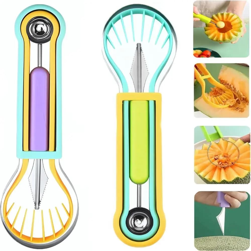 Set Multifunzionale 4 in 1 per Palline di Melone, Strumento in Acciaio Inox per Rimuovere la Polpa, Utensile per Intagliare la Frutta, Gadget da Cucina