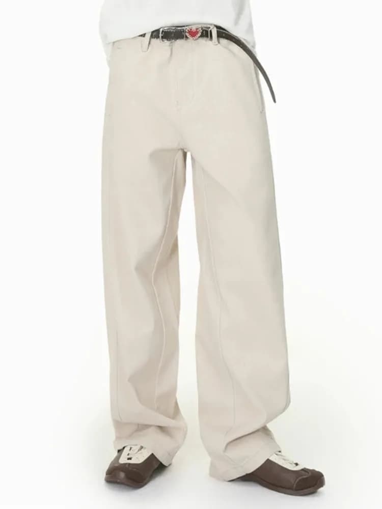 Men's Baggy Refined Pants American Casual Beige Jeans Contrast Stitching High End Cotton Comfortable Daily Bottoms 33UB