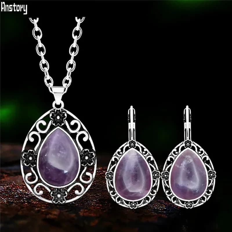 Ciondolo a goccia d'acqua Vintage set di ametiste naturali per le donne gioielli di moda con orecchini in pietra di fiore placcato argento antico