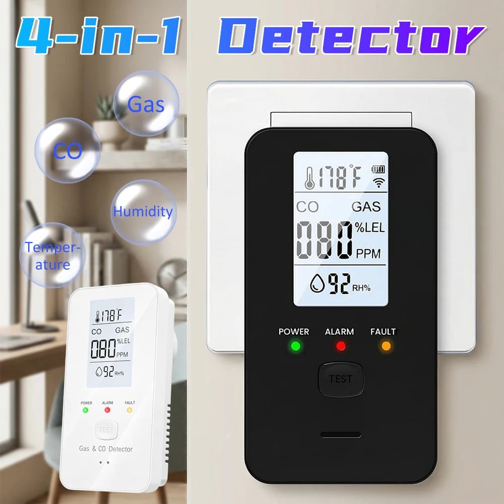 4in1 Gas and Carbon Monoxide Detector Temperature Humidity Sensor AC Plug in Combustible Gas Leak Detector Gas Alarm LCD Display