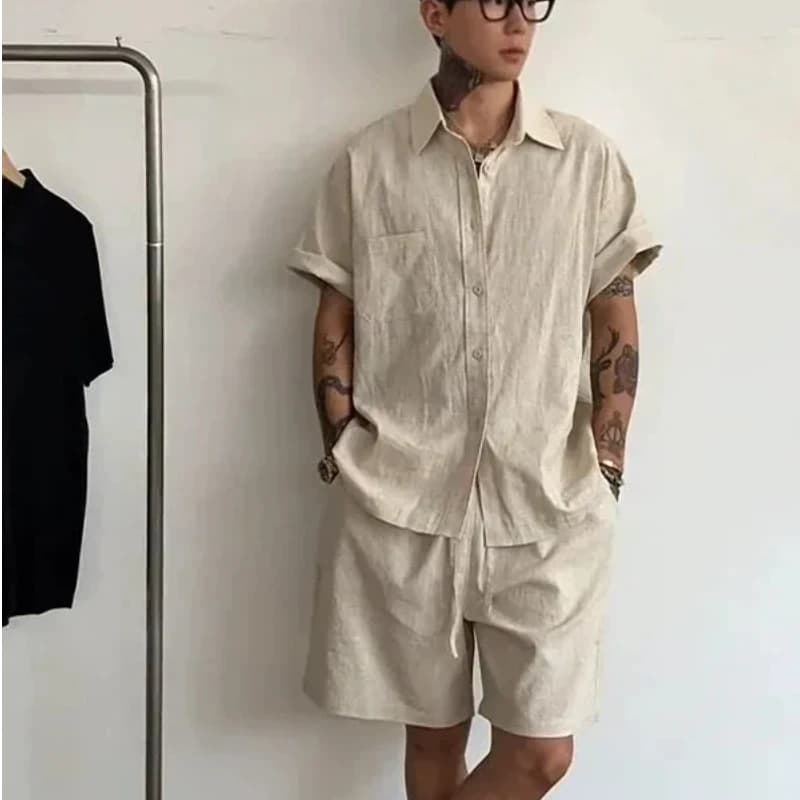 Completo da uomo in lino e cotone, 2 pezzi, camicia a maniche corte e pantaloncini, stile casual estivo traspirante, stile Old Money.