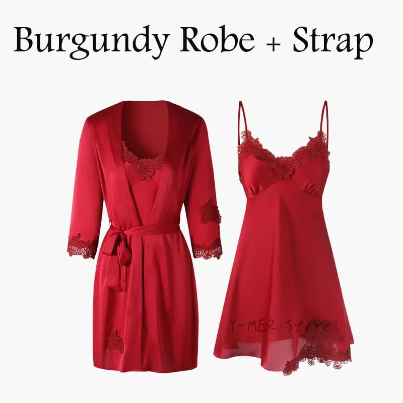 Summer New Robe Set Lingerie in raso di seta donna Sleepwear pizzo fiore indumenti da notte Nightgonw Sexy Slip Home Dress Kimono abito da bagno