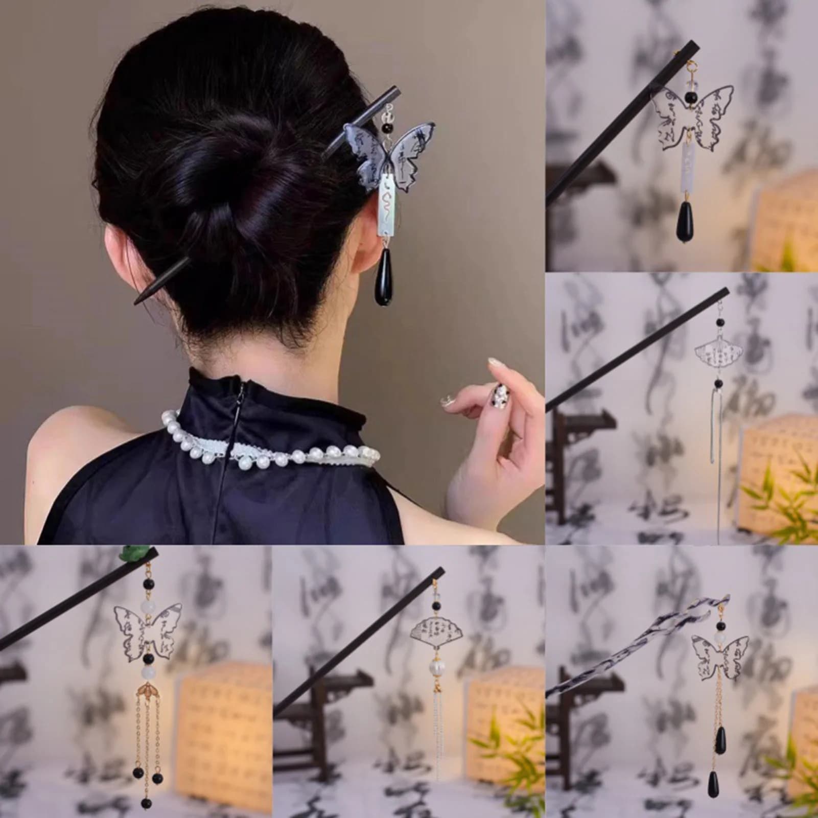 Vintage wooden hair clip for woman, Chinese style with butterfly, lotus and tassel, trendy accessory for girl hair, fork.