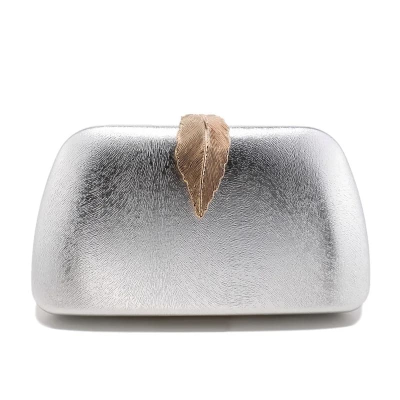 Silver Metallic Evening Clutch Bag Fashion Gold Leaf Buckle Hard Purse for Women Formal Party Glossy Handbags Detachable Chain
