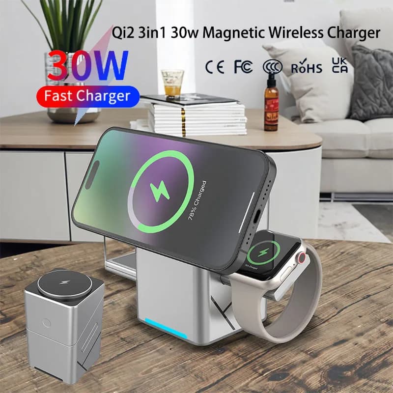 Wireless Magnetic Rotating Charger Touch 15W Multifunction 3 in 1 for iPhone 16 15 14 13 Max, Fast Charger for Samsung Xiaomi