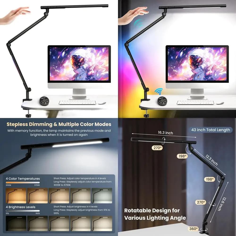 18W Dual Light Desk Lamp with Clamp, Adjustable RGB Sensor Switch, 4 Level Dimmable for Reading, Studio and Gaming